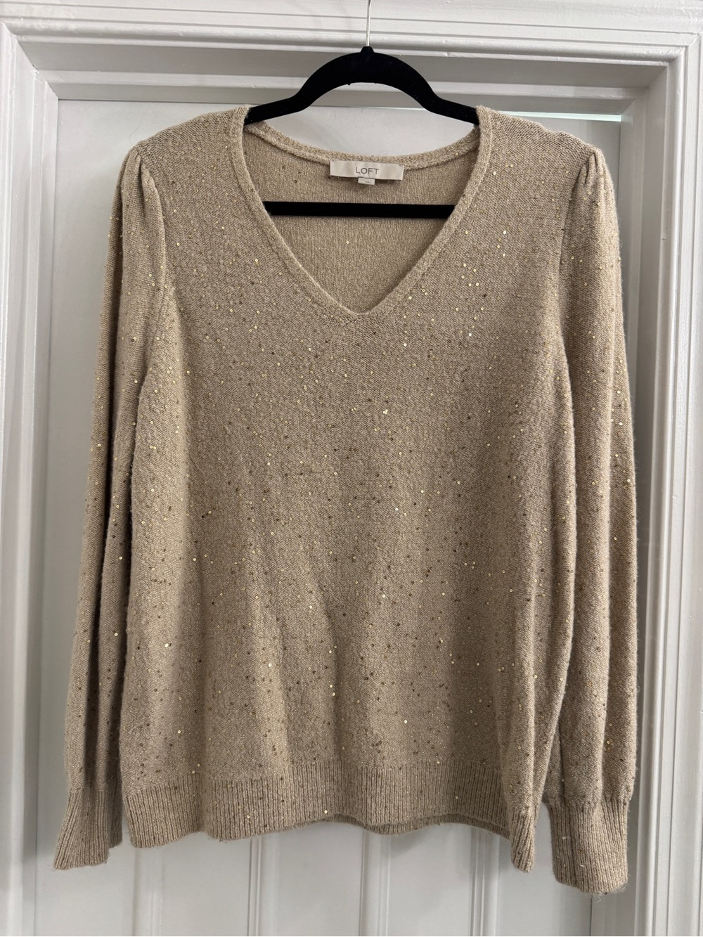 LOFT Beige Sequin V-Neck Sweater